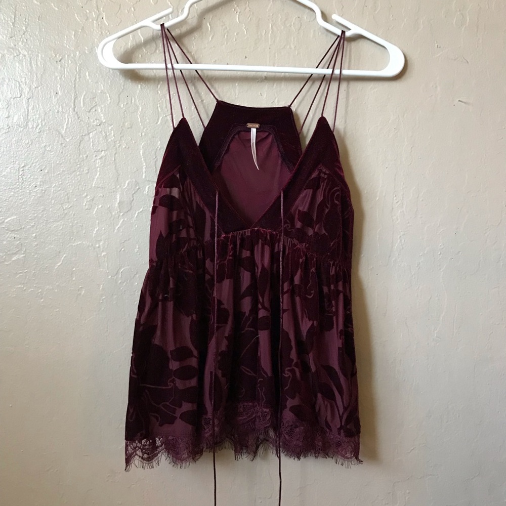 Free people wine velvet tank top lace burnout s